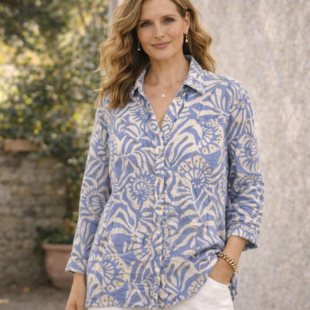 Nicole Miller Linen Button Up Shirt L Blue Tropical Floral Roll Tab Sleeve